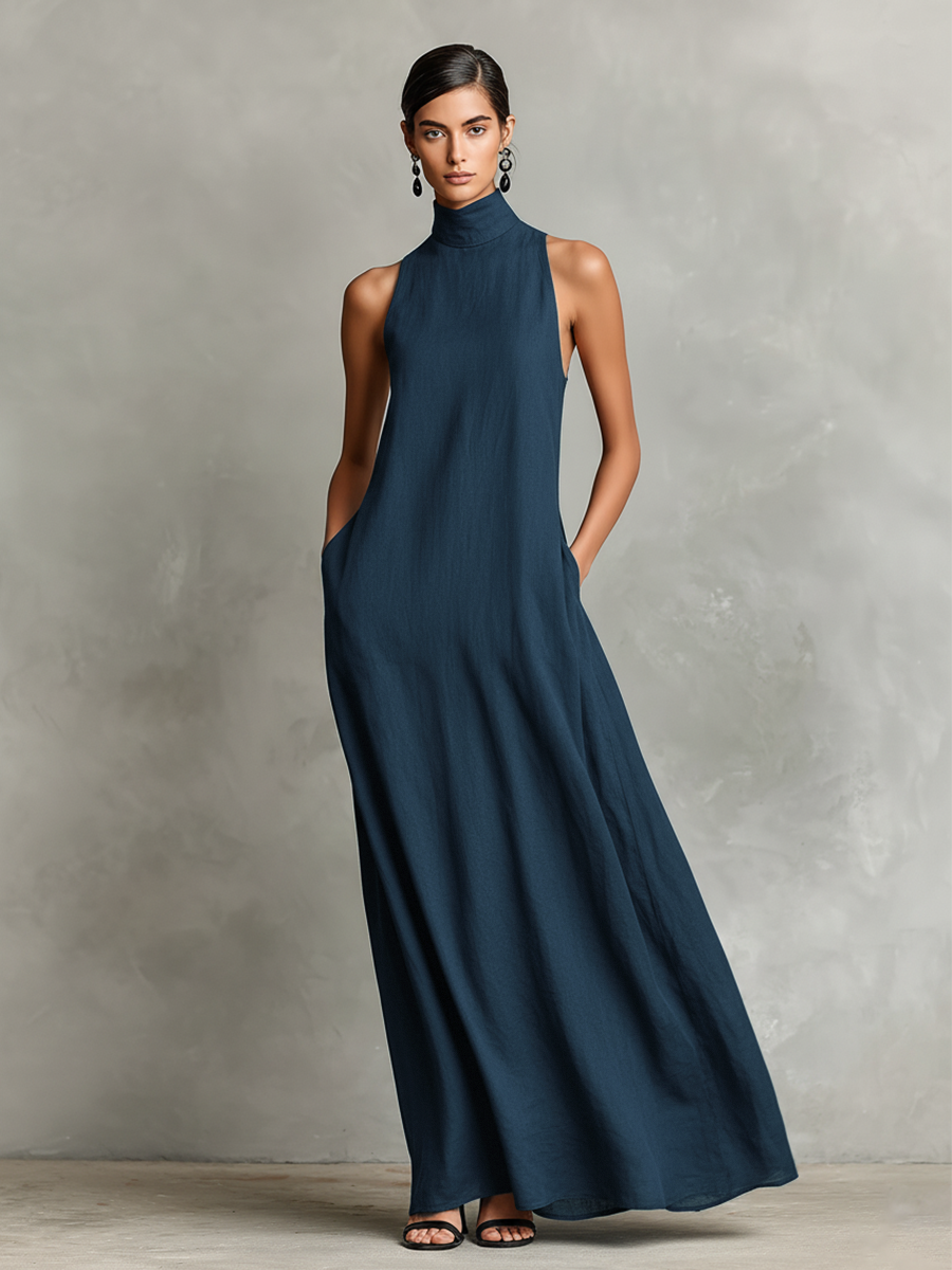 Leticia · Vestido Maxi Minimalista de Cuello Alto