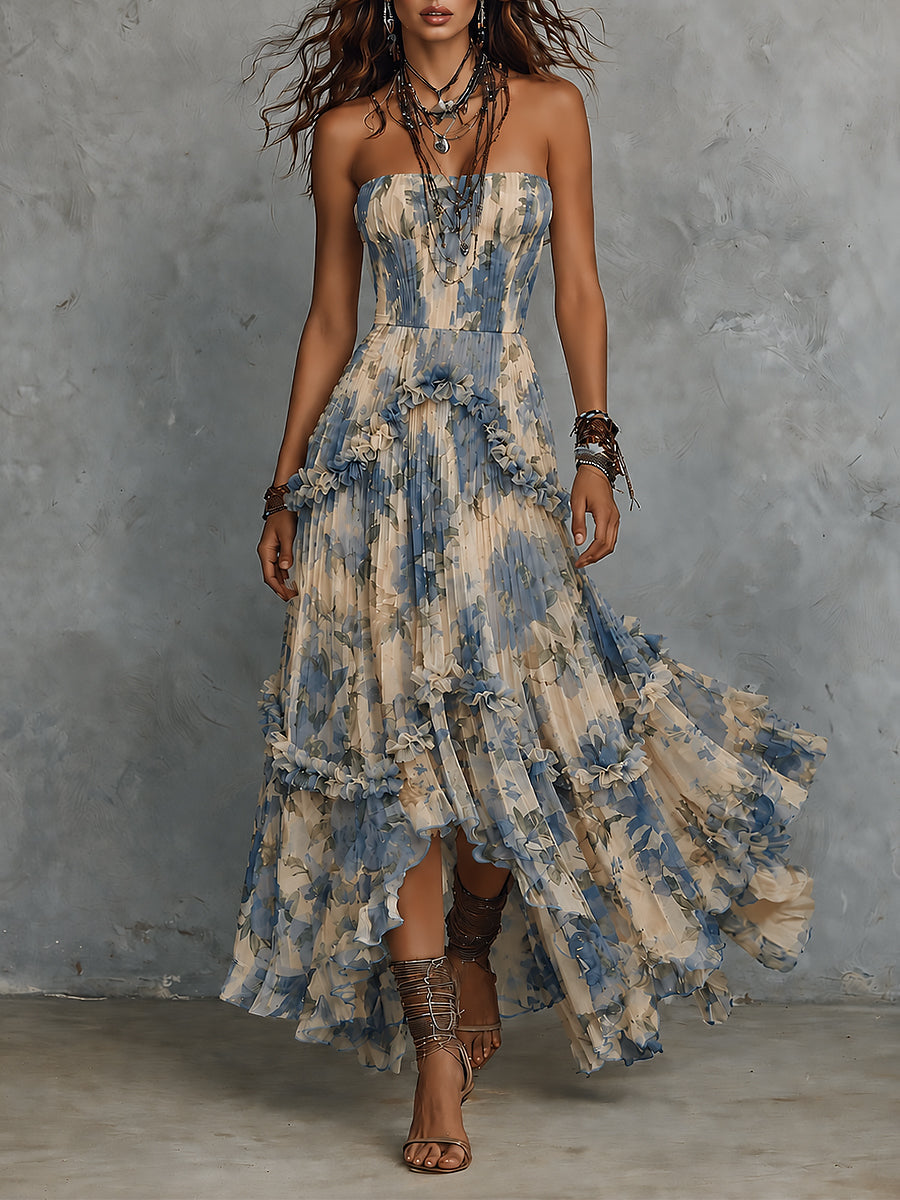 Vestido Maxi de Chifón Estampado sin Tirantes con Volantes