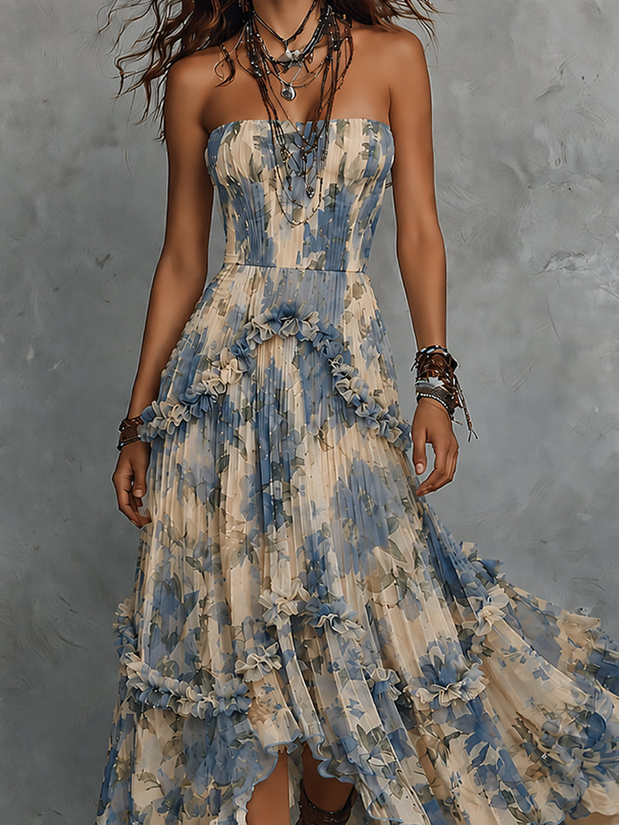 Vestido Maxi de Chifón Estampado sin Tirantes con Volantes