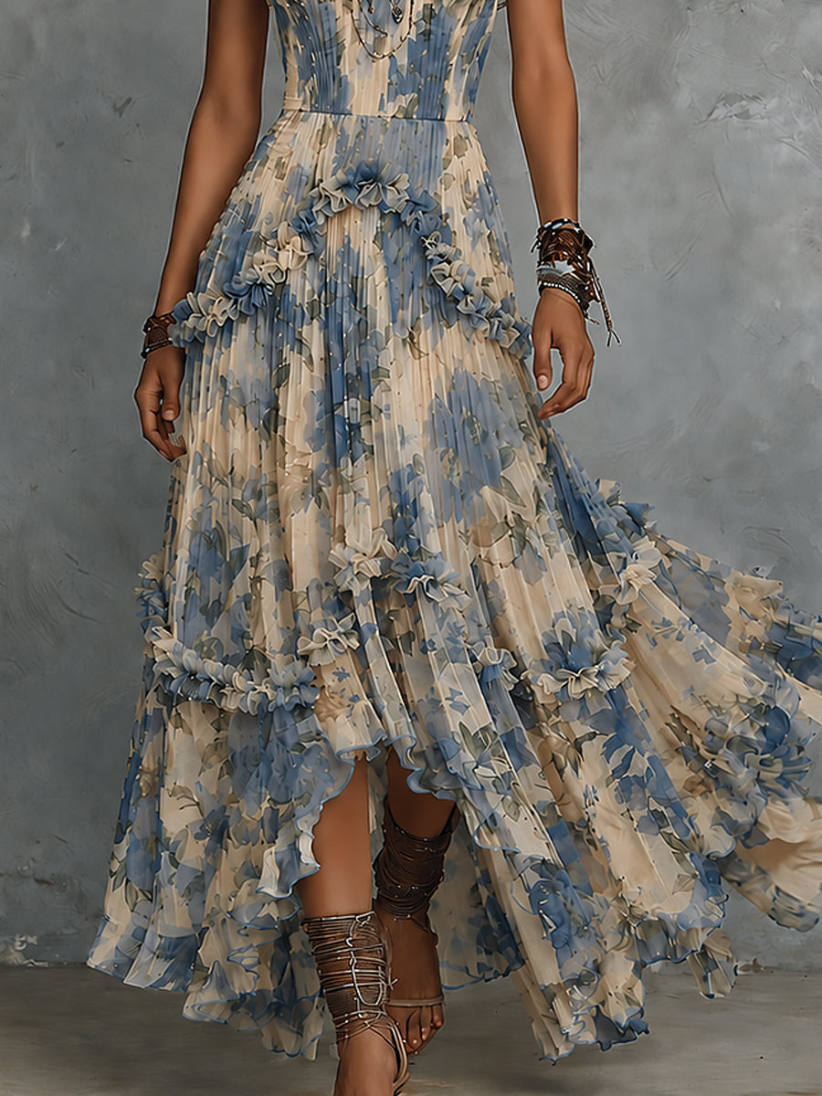 Vestido Maxi de Chifón Estampado sin Tirantes con Volantes