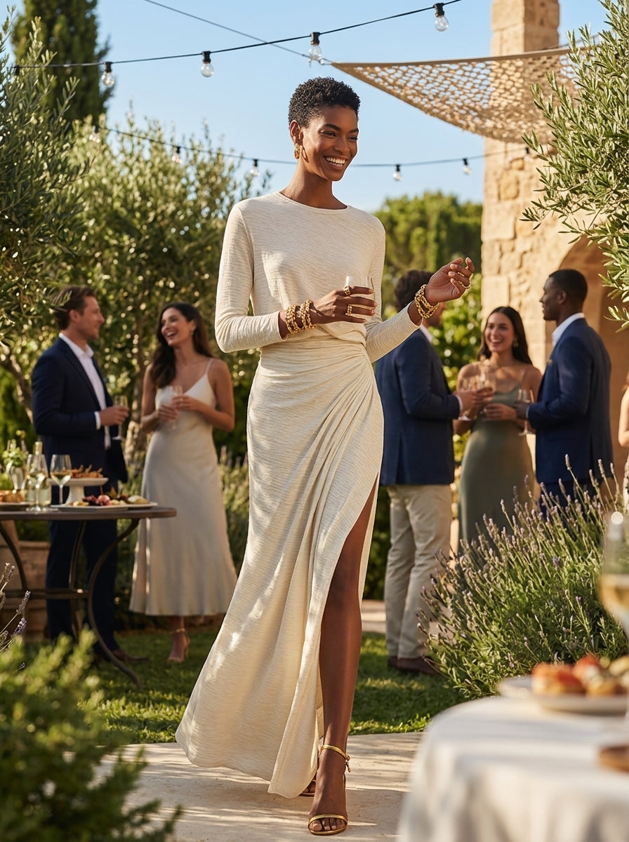 Marcela · Vestido Maxi Beige con Frunce y Abertura