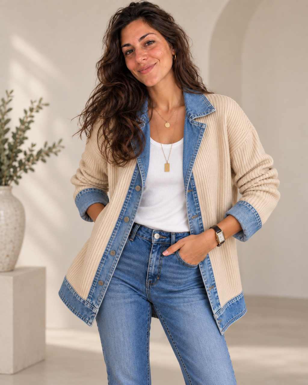 Magdalena | Chaqueta de Punto con Paneles en Denim