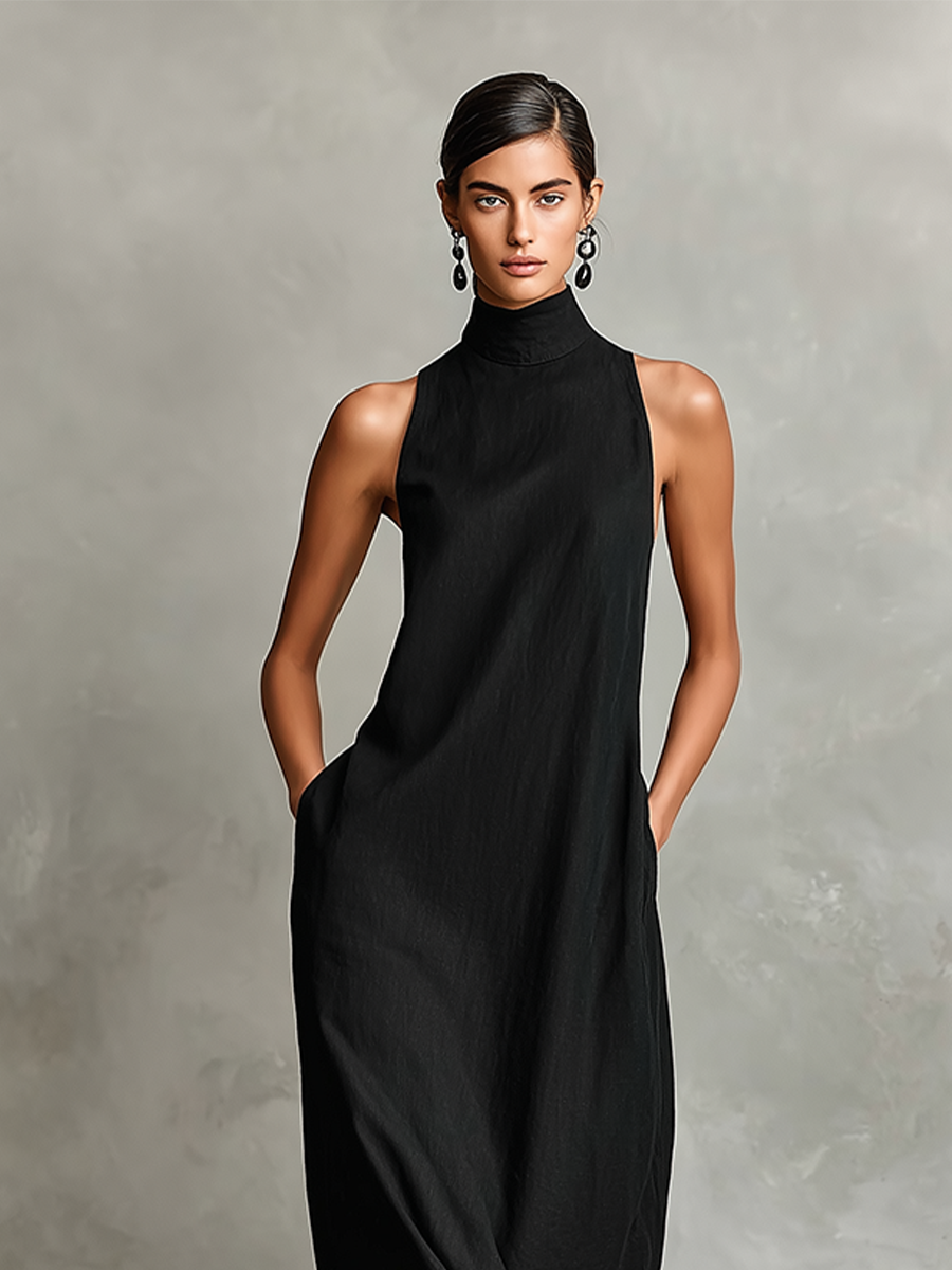 Leticia · Vestido Maxi Minimalista de Cuello Alto