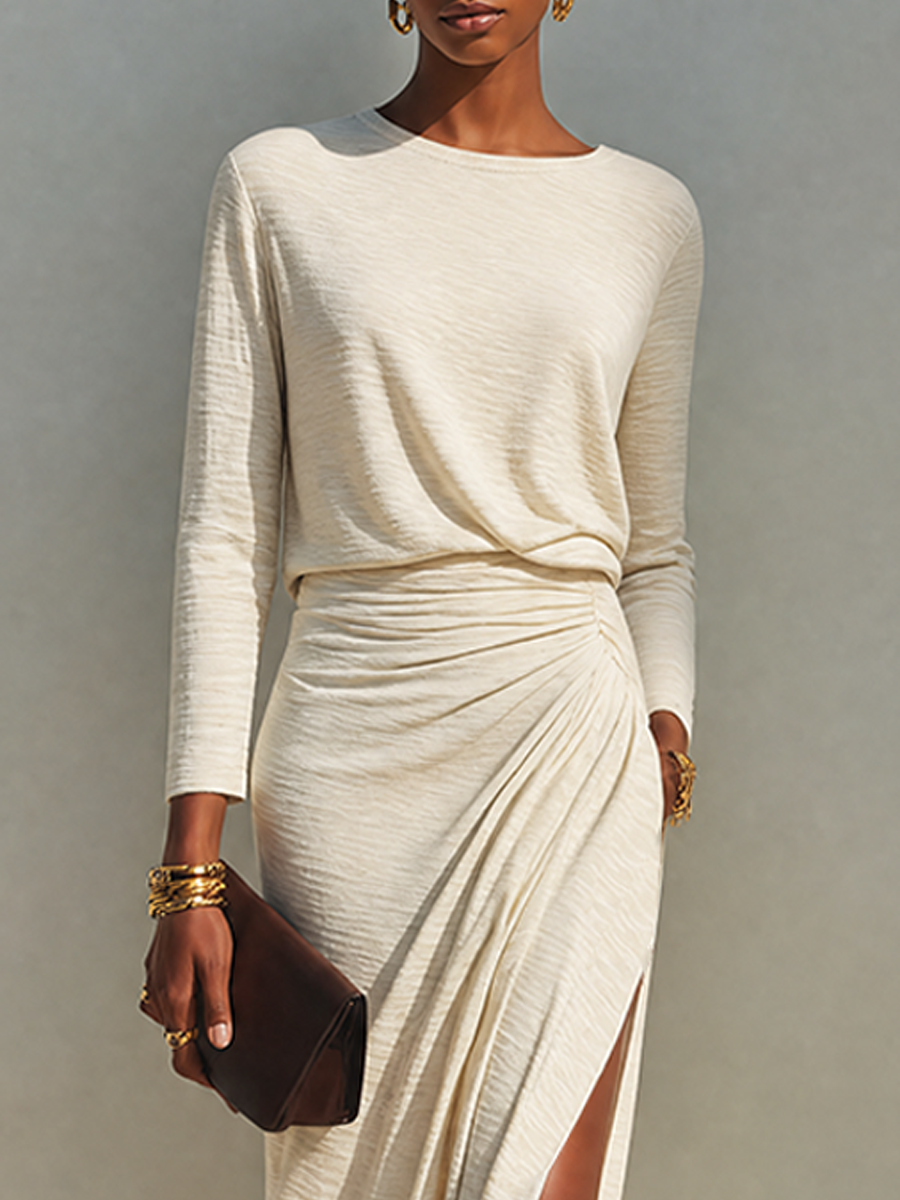Marcela · Vestido Maxi Beige con Frunce y Abertura