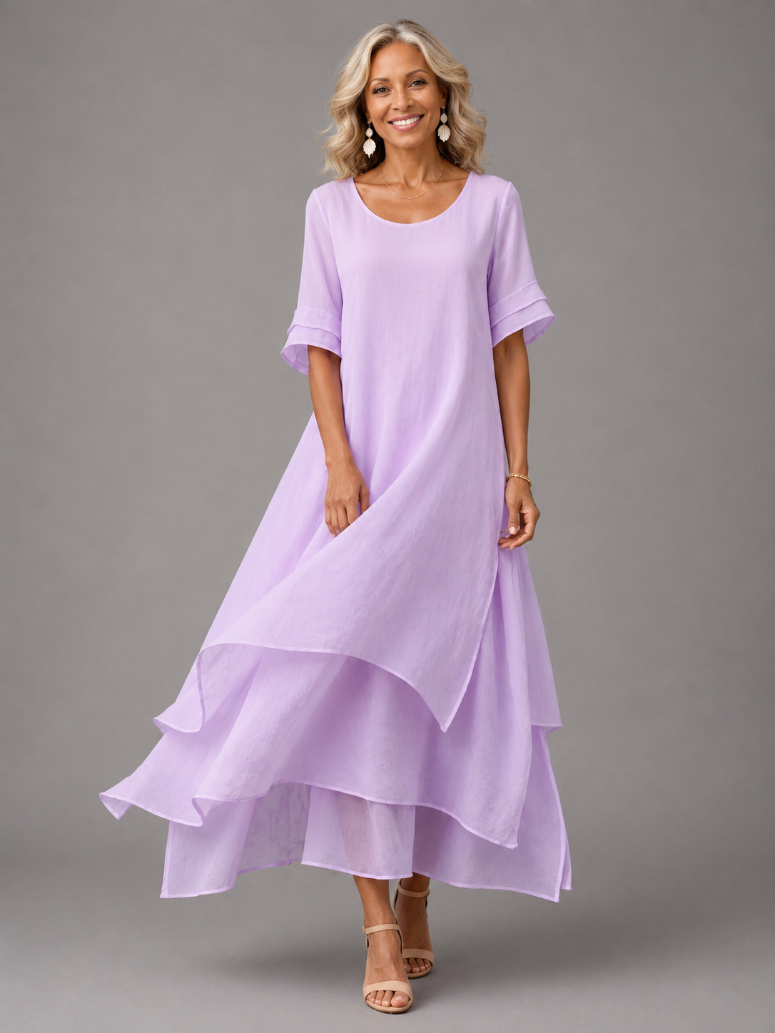 Aurora · Vestido Maxi de Gasa en Capas con Media Manga