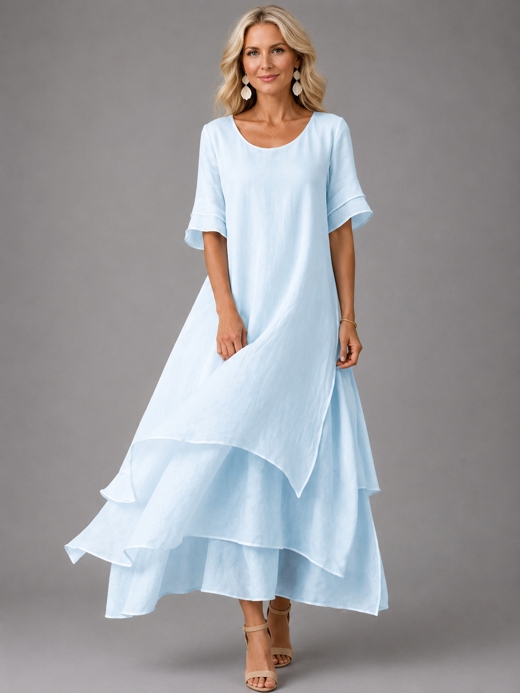 Aurora · Vestido Maxi de Gasa en Capas con Media Manga