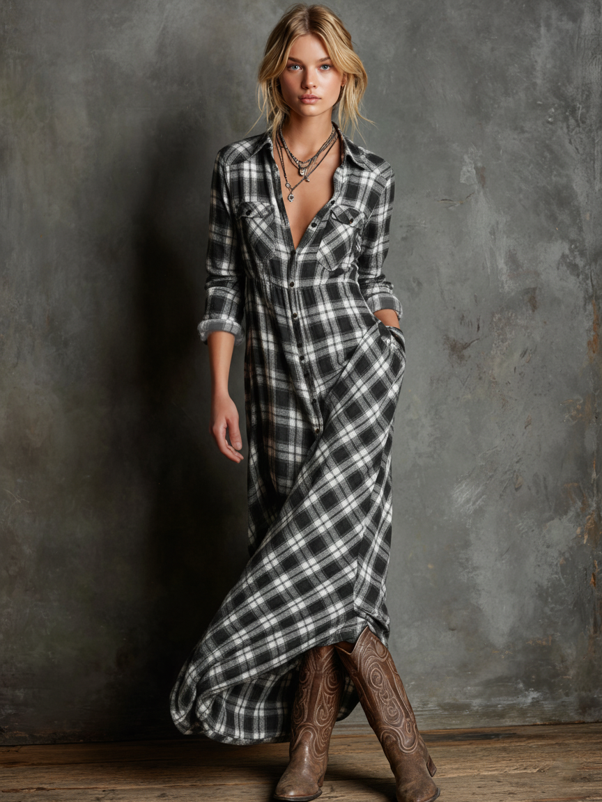 Emma · Vestido Camisero Maxi de Cuadros