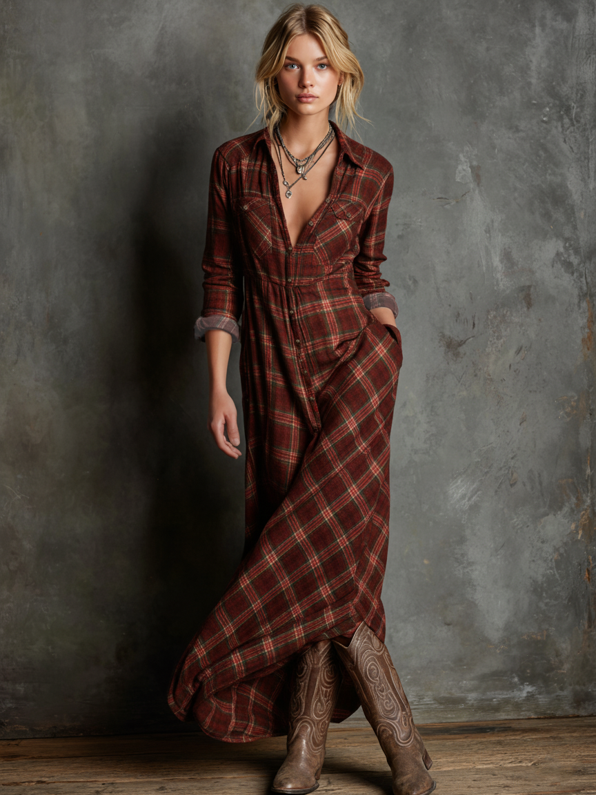 Emma · Vestido Camisero Maxi de Cuadros