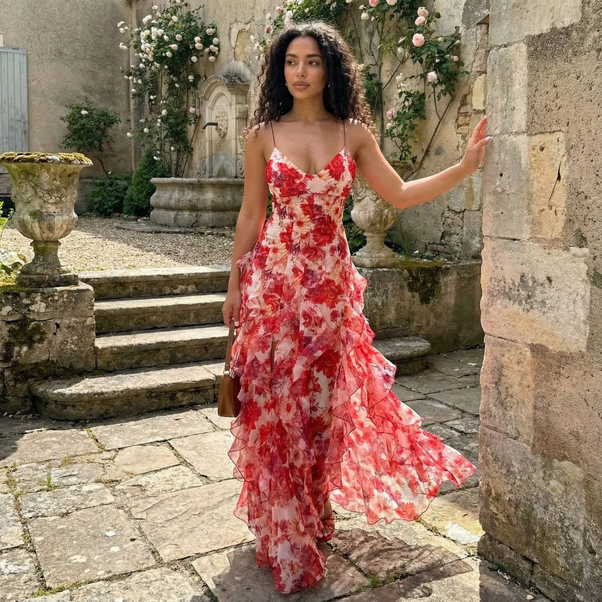 Cyranne - Vestido maxi con estampado floral y volantes