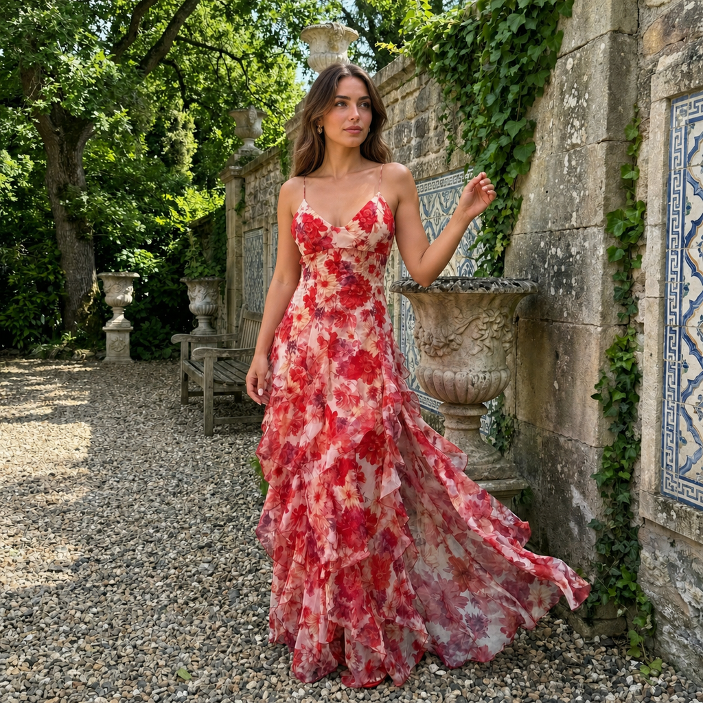 Cyranne - Vestido maxi con estampado floral y volantes