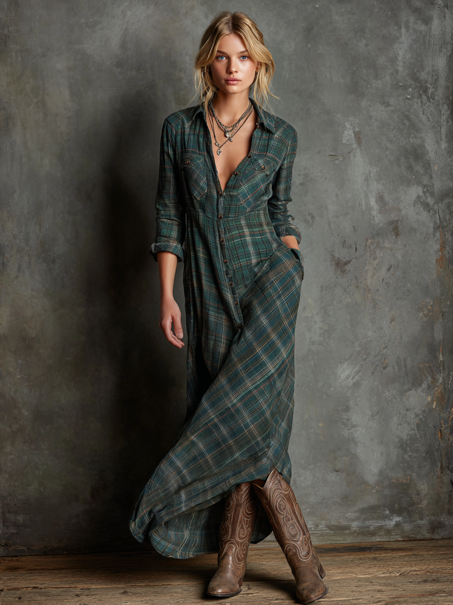 Emma · Vestido Camisero Maxi de Cuadros