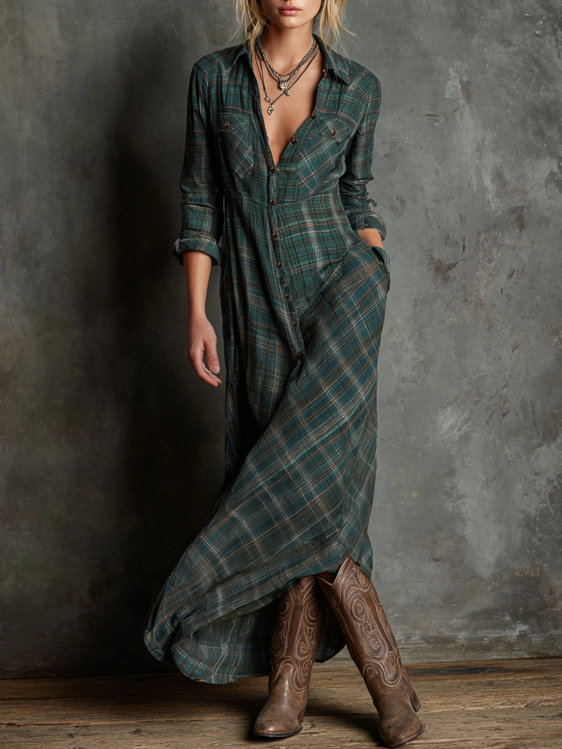 Emma · Vestido Camisero Maxi de Cuadros