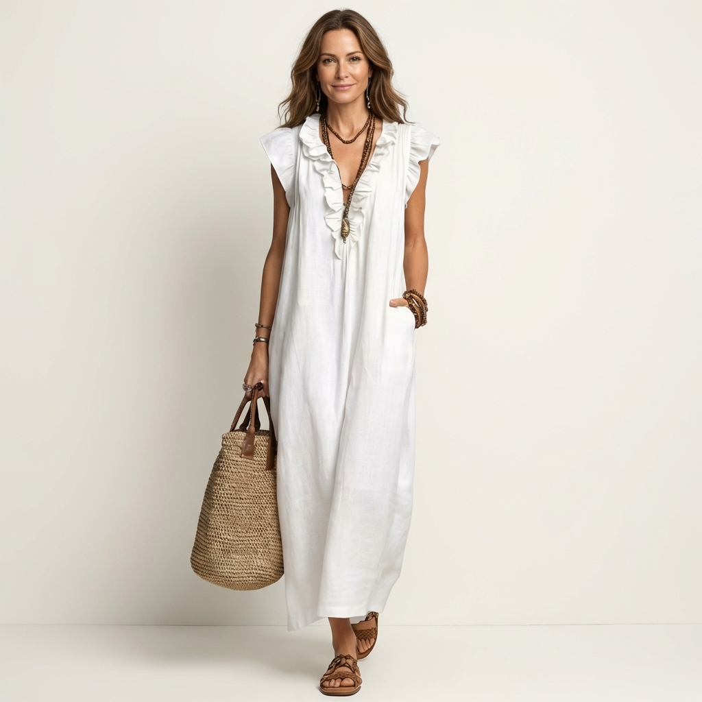 Josette · Vestido Maxi Fluido con Mangas de Volantes