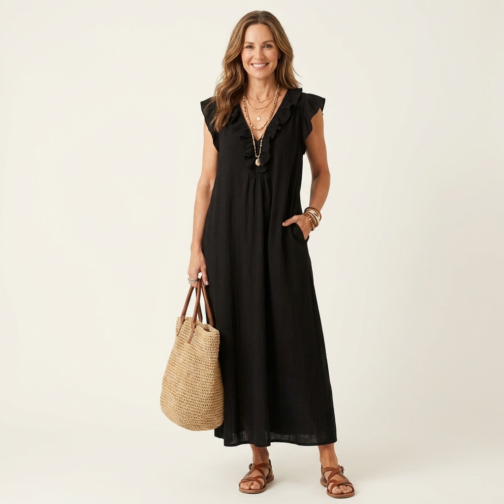 Josette · Vestido Maxi Fluido con Mangas de Volantes
