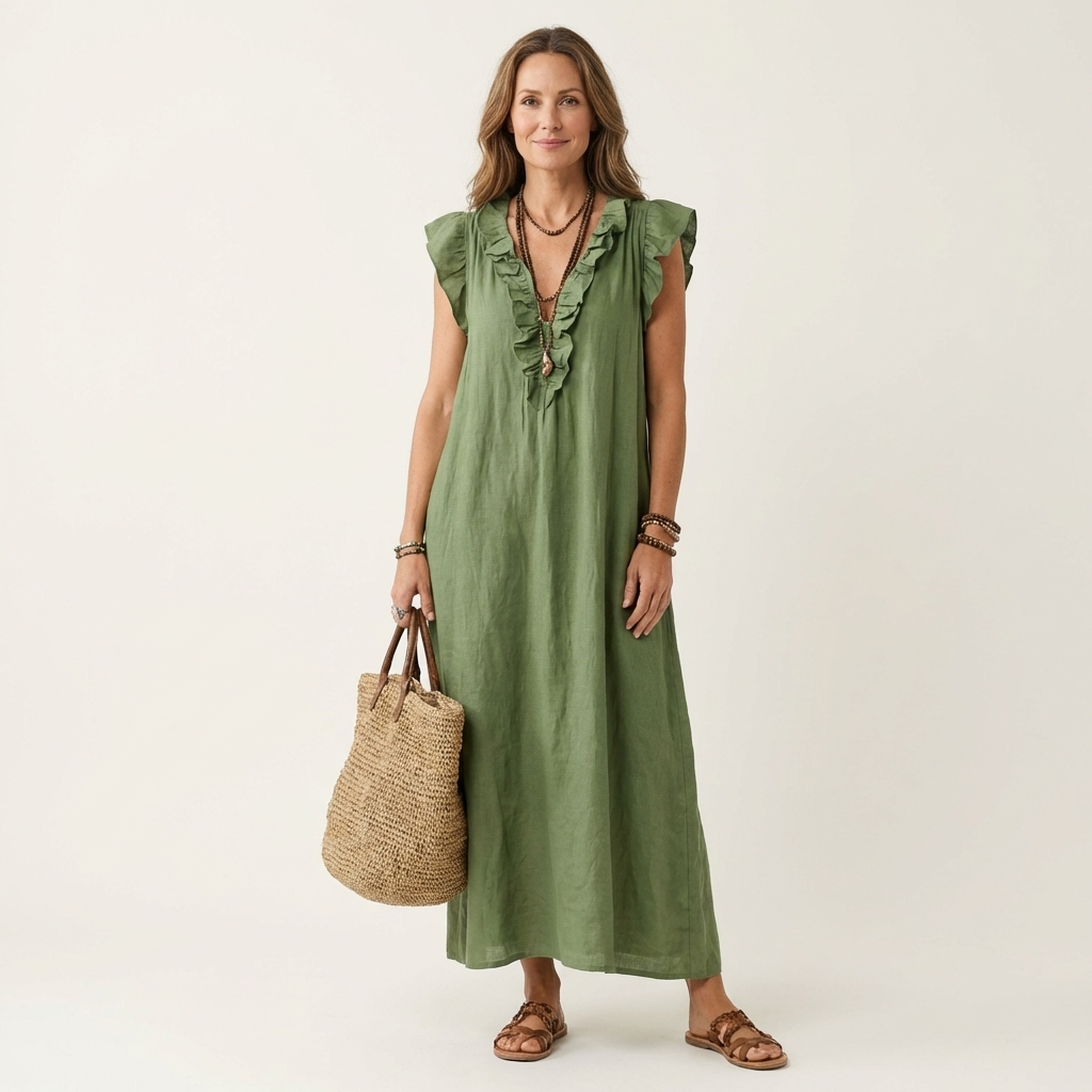 Josette · Vestido Maxi Fluido con Mangas de Volantes