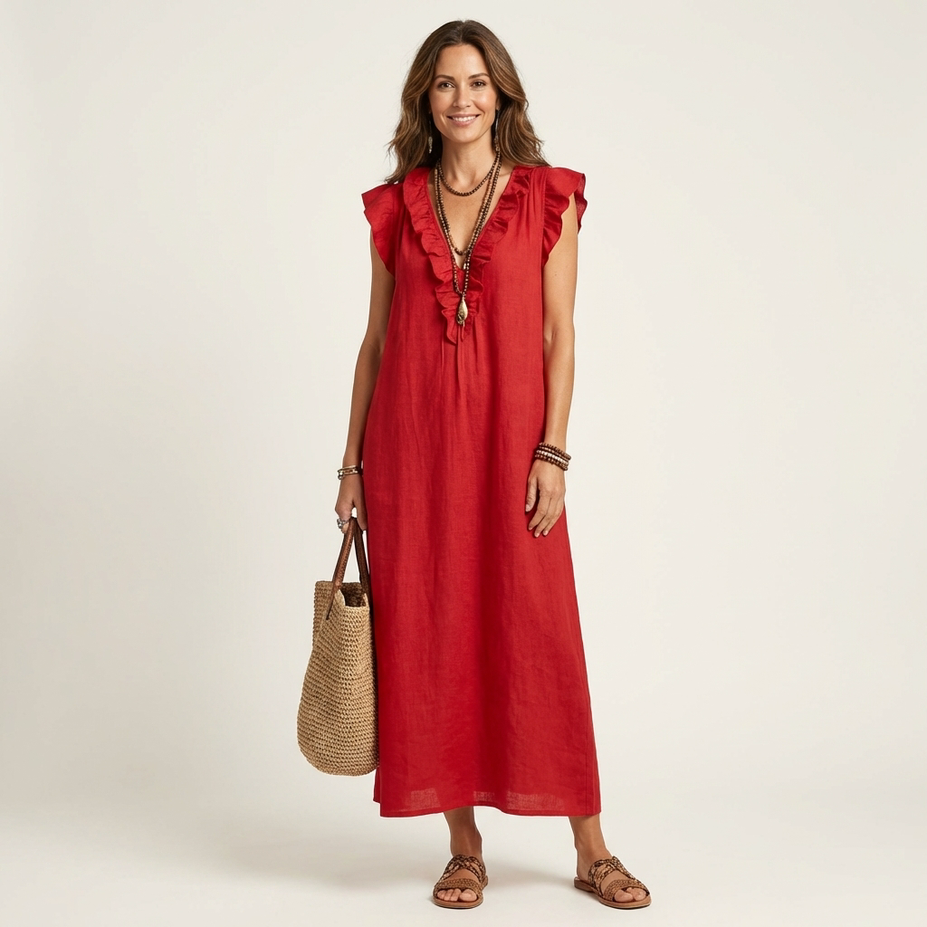 Josette · Vestido Maxi Fluido con Mangas de Volantes