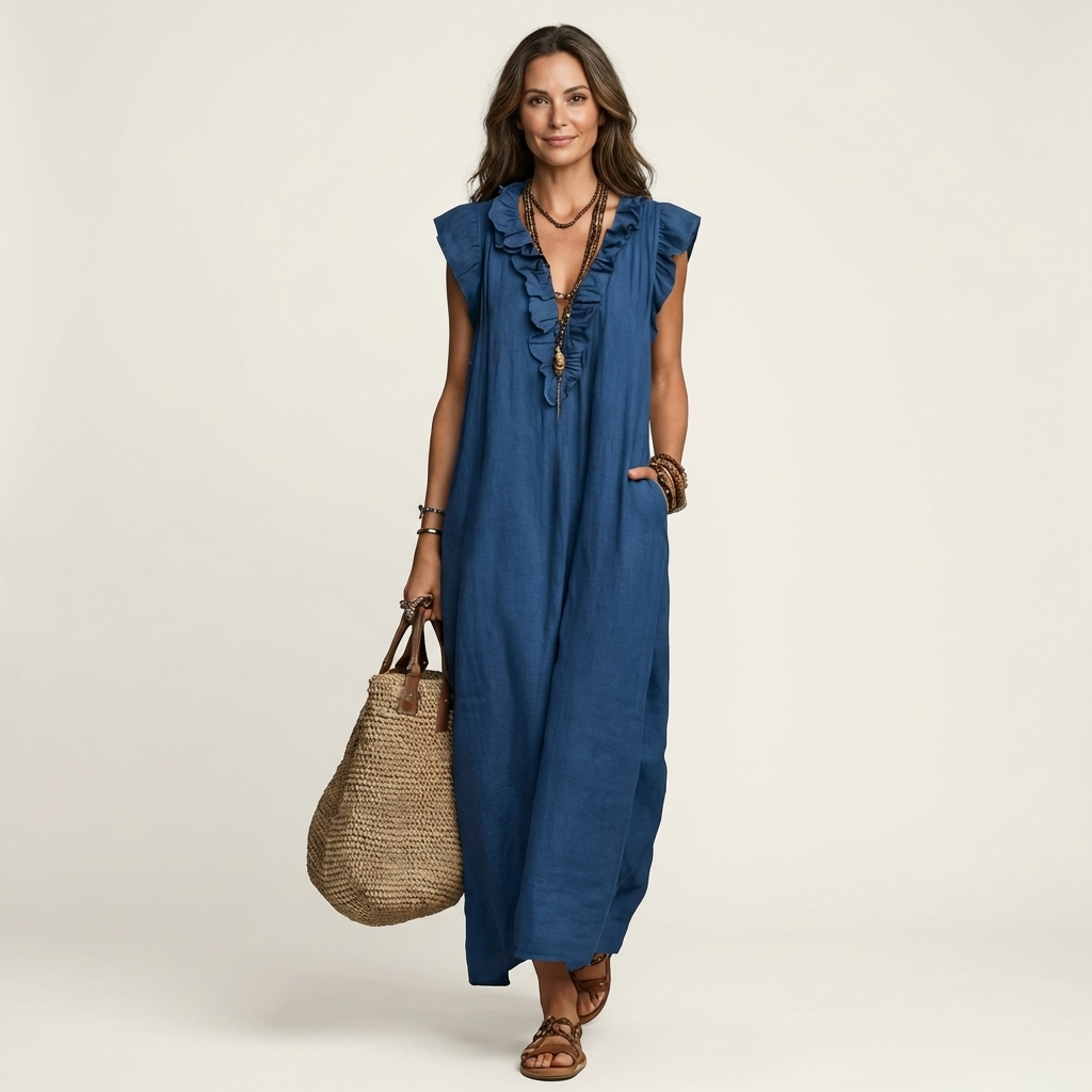 Josette · Vestido Maxi Fluido con Mangas de Volantes