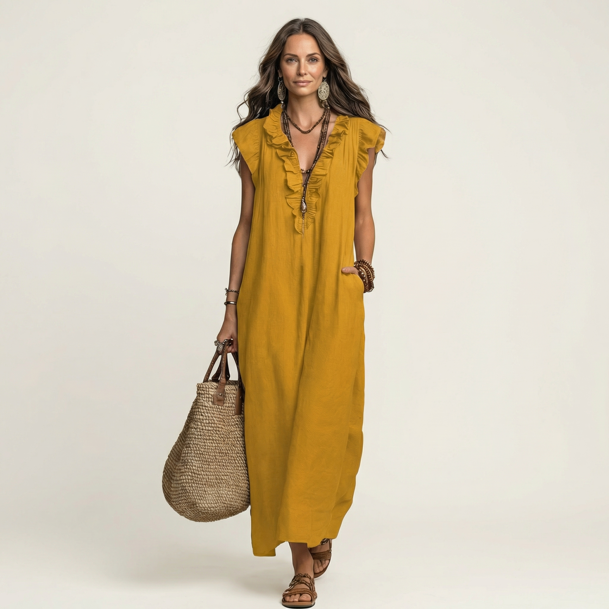 Josette · Vestido Maxi Fluido con Mangas de Volantes