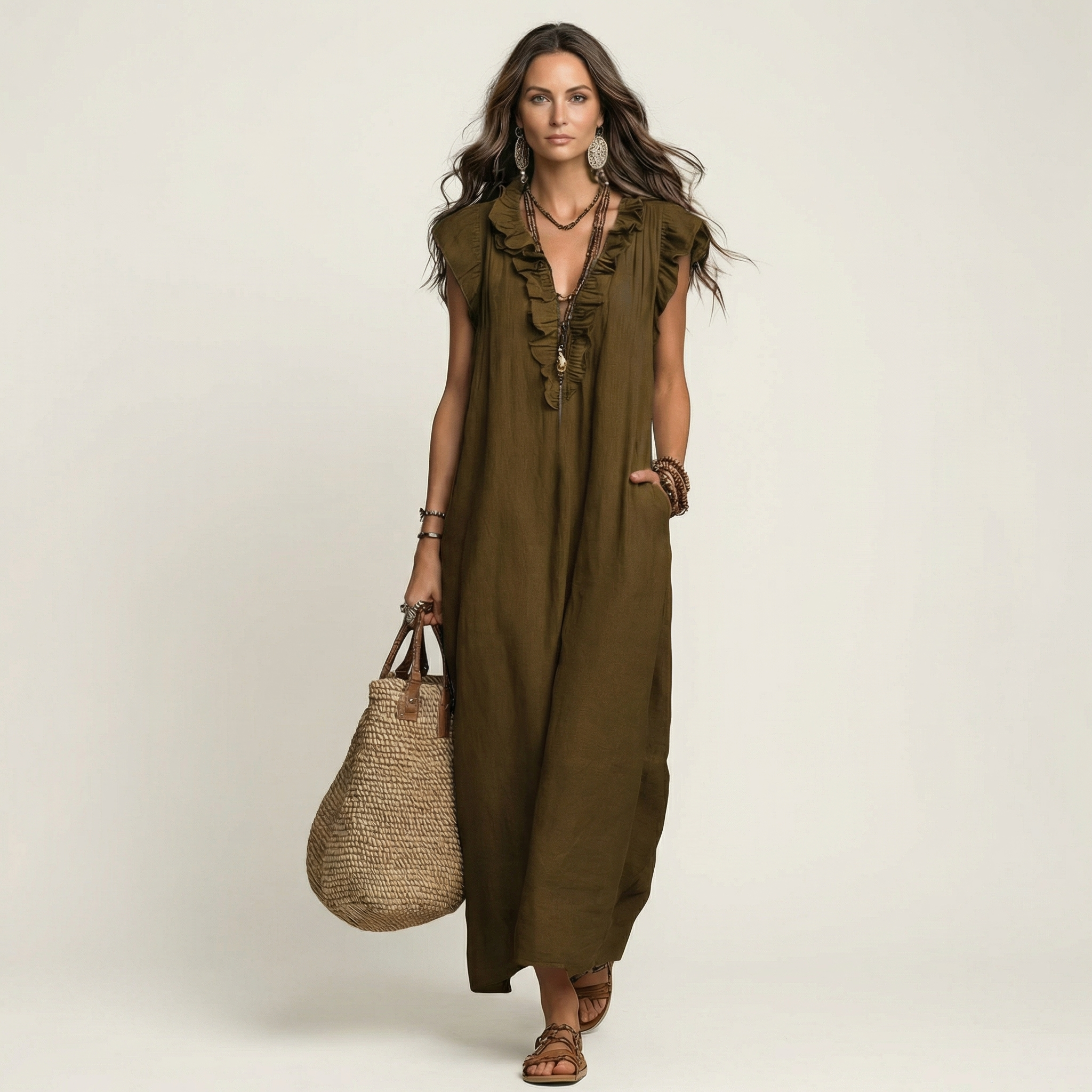 Josette · Vestido Maxi Fluido con Mangas de Volantes