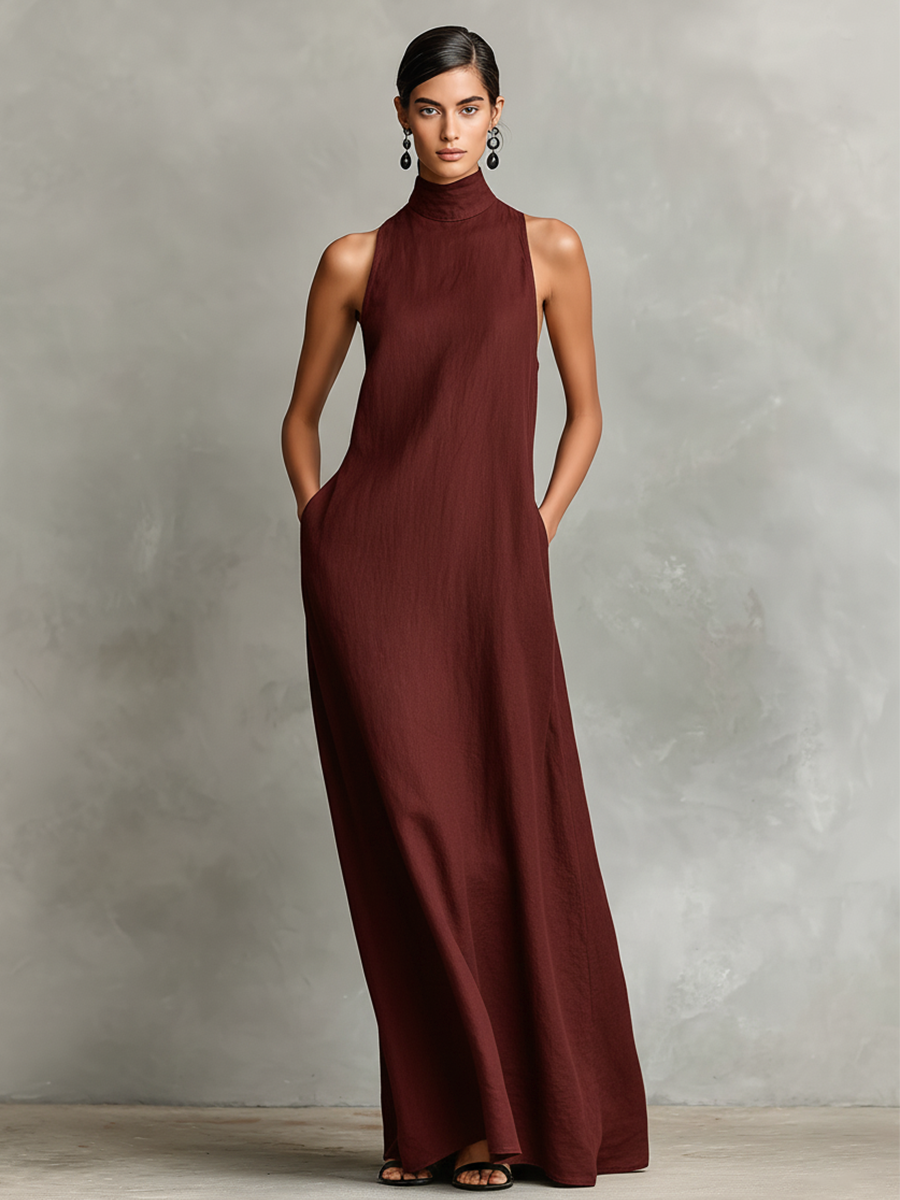 Leticia · Vestido Maxi Minimalista de Cuello Alto